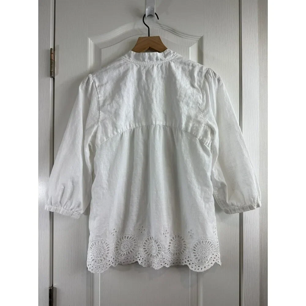J.Crew Womens Small White Linen Cotton Eyelet Embroidered Peasant Tunic Blouse